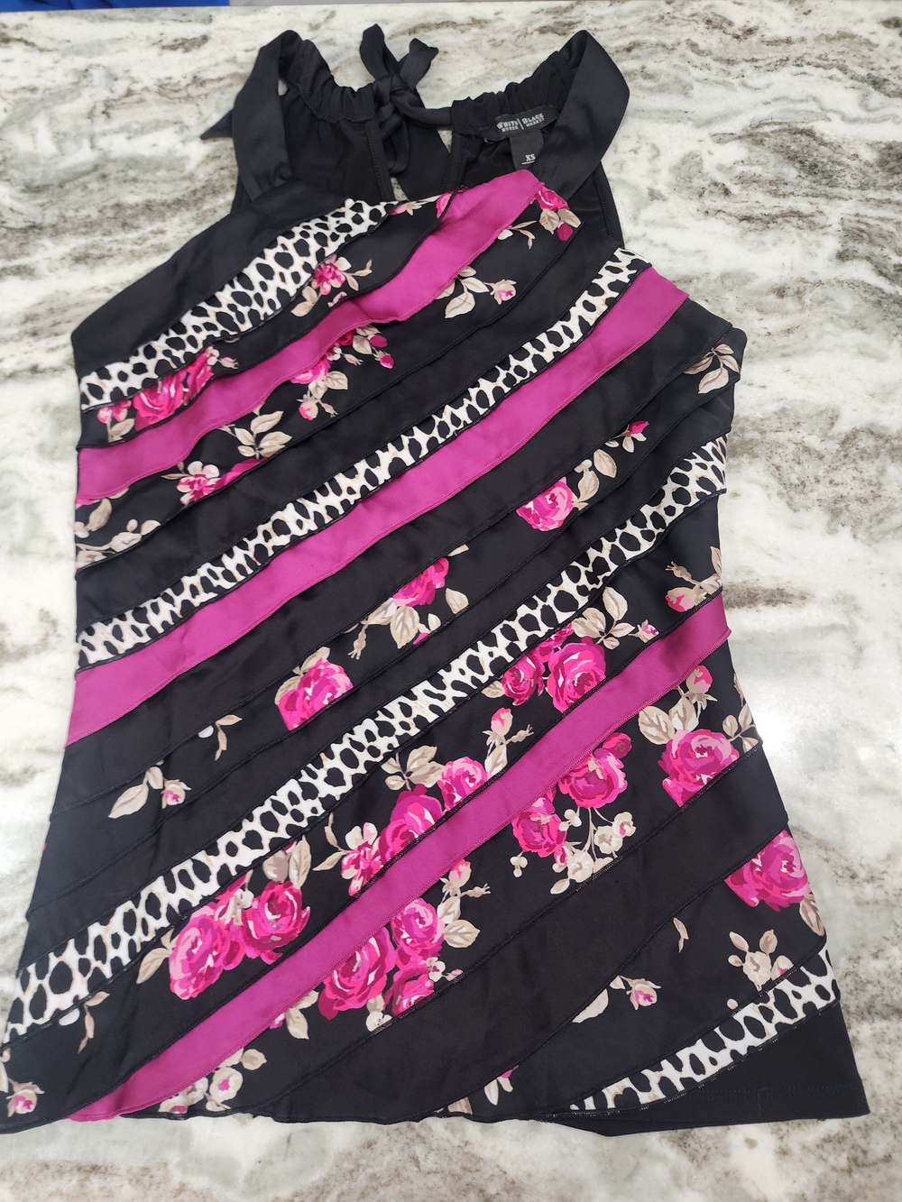 White House Black Market Black and Hot Pink Floral Stripe Halter Top